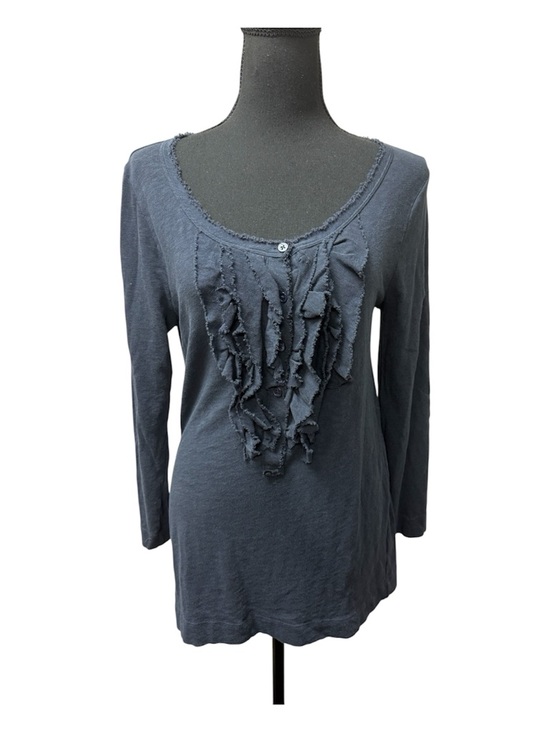 J. Crew Tops - J Crew Navy Ruffle Henley Top Boho Raw Edge Cotton Long Sleeve Shirt L